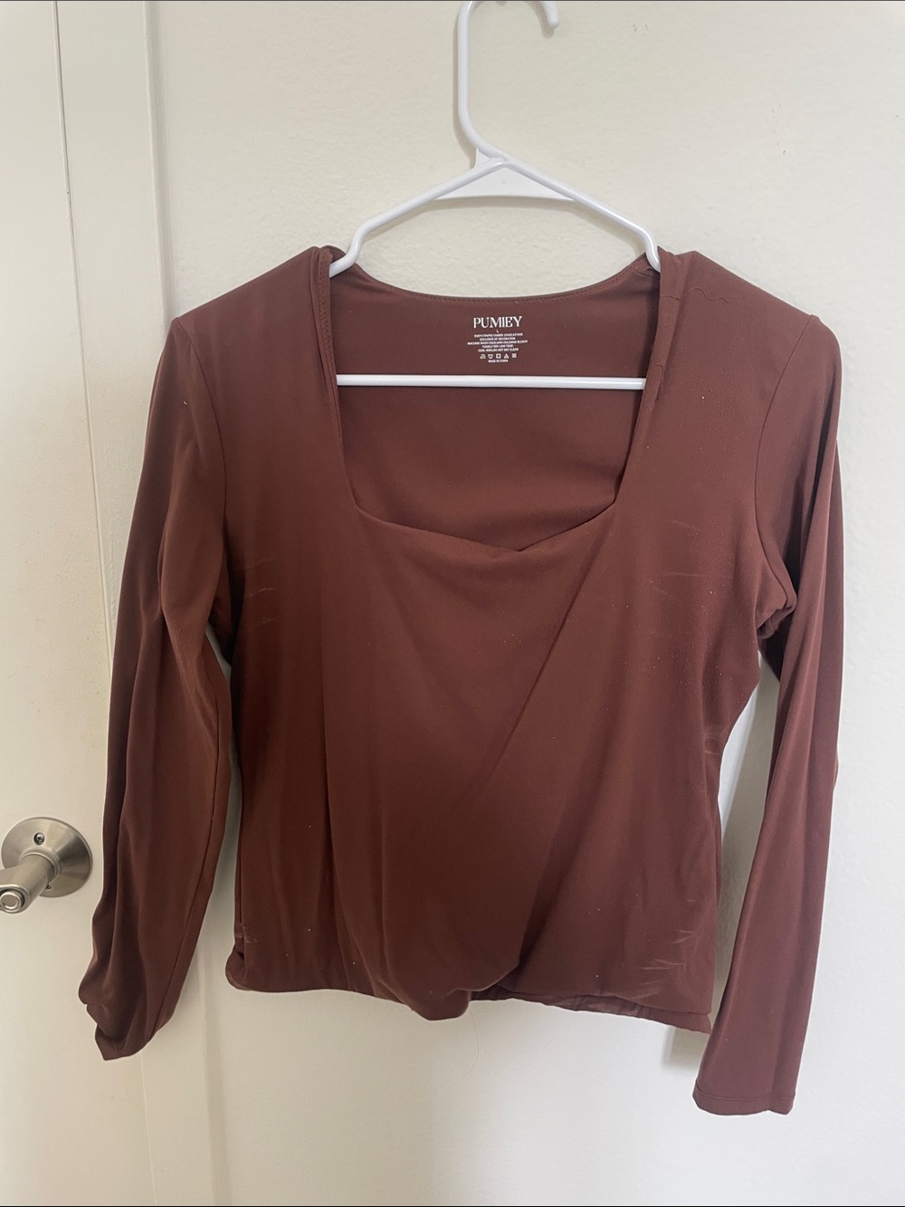 Pumiey Women's Long Sleeve Square Neck Top in Brown